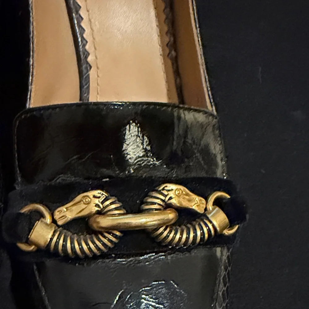 Tory Burch Black Textured Block Heel Loafer Pumps with Gold Accent